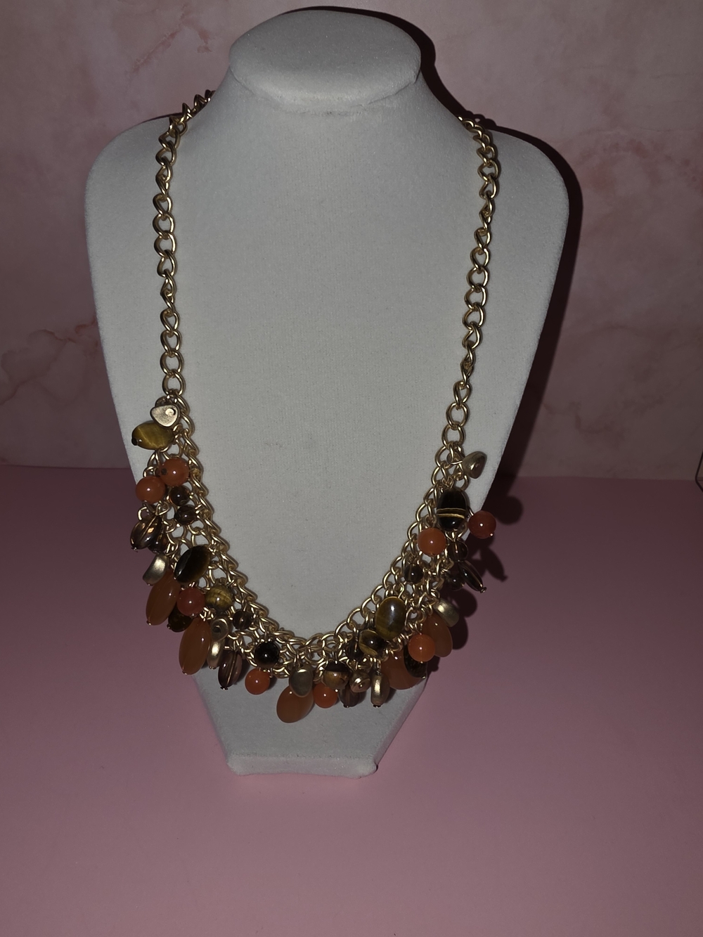 Chico's Gold-Tone Chain Necklace with Orange Bead Accents